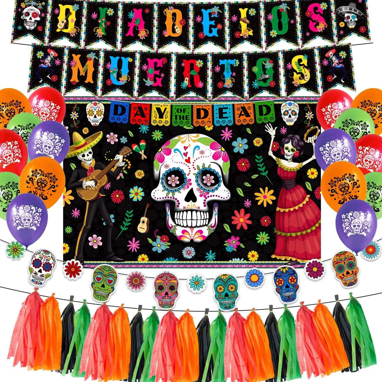 Day of The Dead Balloons Dia de Los Muertos Fiesta Background(Black,blue,green,orange,purple)